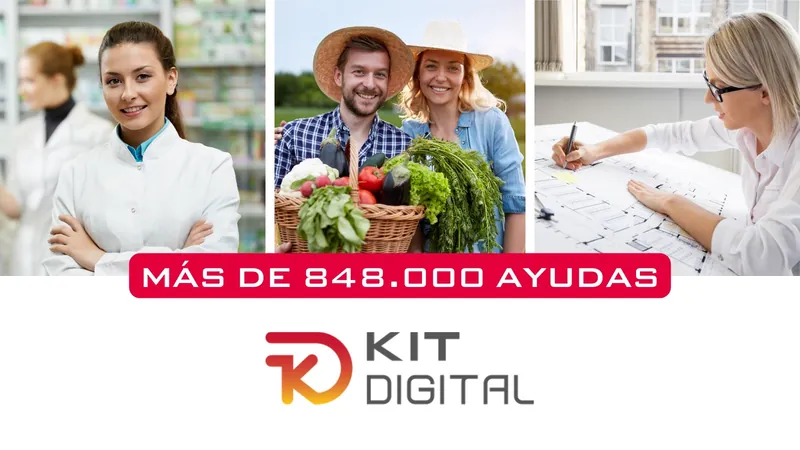 Collage de profesionales con el texto Más de 848.000 ayudas y el logotipo de Kit Digital